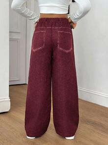 Sparklyn Tween Girls Elastic Waist Loose Printed Wide Leg Pants, Suitable For Street & Everyday Wear, Spring/Autumn - Pink - View 2