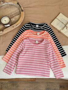 SHEIN LMoss Kids LMoss Young Girl 3pcs Young Girl Knit Striped Round Neck Casual Top Set