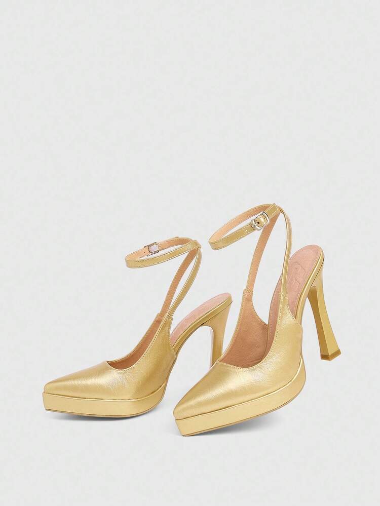 CUCCOO LuxiPop Women Shoes Women's Pointed Head, Stiletto, Gold Fabric, Stylish, Simple And Comfortable, Buckle For Parties And Banquets, Single Shoes