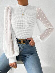 EMERY ROSE Damen Frühling/Herbst Lässig Urlaubs Elegante Stehkragen Patchwork Laternärmel Waffeltextur Passform Bluse