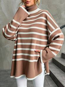 EURMUSE Striped Pattern Turtleneck Drop Shoulder Sweater - Camel - View 6