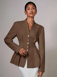 COSMINA 秋季女装女士优雅腰部收紧纽扣薄款西装外套，秋冬，女士教师装，商务休闲女装 - 咖啡棕 - 查看 1