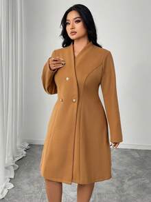 SHEIN Elenzya 大码女式优雅日常通勤宽松腰羊毛大衣 - 棕色 - 查看 7
