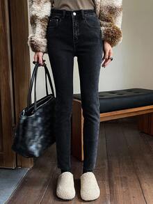 DAZY Women's High Waist Skinny Jeans, Stretchy Slim Fit Thermal Lined Denim Pants For Autumn/Winter Thermal Lined - Dark Grey - View 5