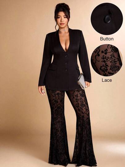 Cravure Christmas Plus Size Women's Autumn Flocked Mesh Split Flare Pants Suit, V-Neck Office Wear