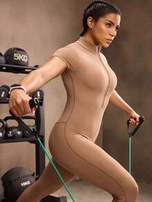 Powerista 女式纯色短袖拉链半开襟运动连体裤 - 棕色 - 查看 3