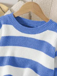 Souflis Souflis 少女休闲条纹短款圆领长袖毛衣，秋冬 - 藍白色 - 查看 4