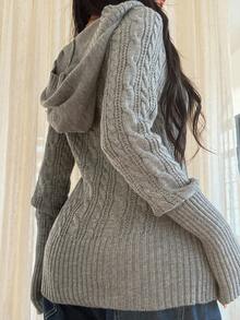 INAWLY 女士休闲纯色修身连帽长袖毛衣 - 灰色 - 查看 6