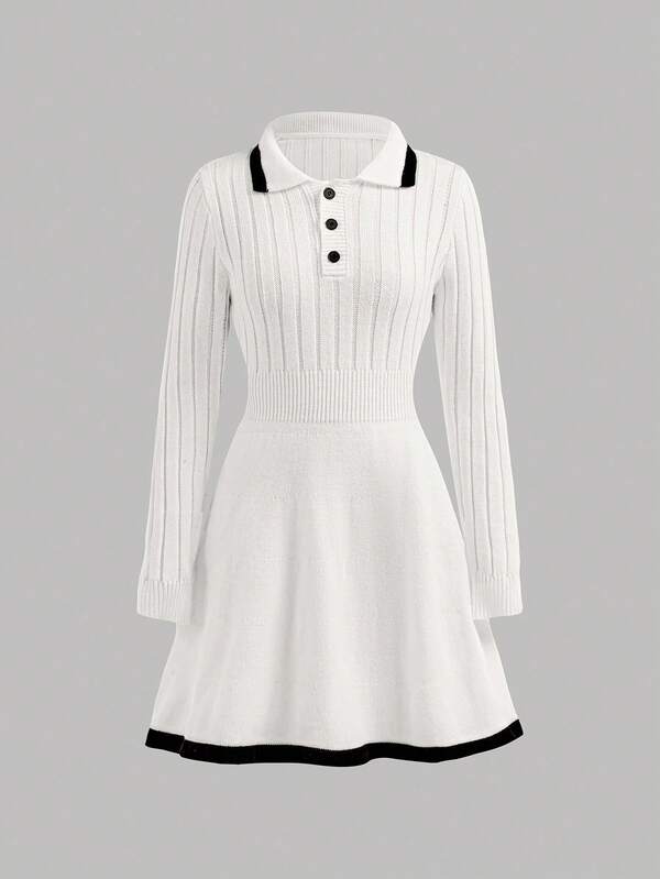 SHEIN Girlism Teen Girls Long Sleeve Knit Casual Dress, Sweet Style Fall Winter