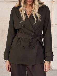 SHEIN Clasi Women's Solid Color Double-Breasted Trench Coat, Commuter Style In Autumn/Winter,Fall - Coffee Brown - View 3