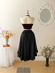 SHEIN MOD 大码女式蕾丝抹胸系带撞色性感吸血鬼风格紧身胸衣，适合秋季、冬季、万圣节、乡村风、外出穿着，90年代哥特风，圣诞节 - 黑色 - 查看 7