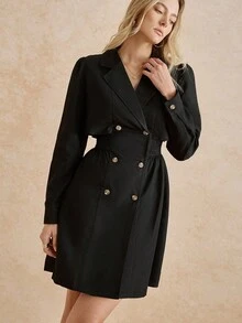 Écloséra 法国复古时尚简约束腰双排扣中长款风衣 - 黑色 - 查看 7