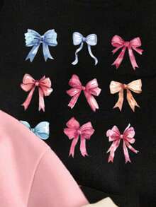 2 Stücke Mädchen Outfit mit Schleife & Kirsche Grafik, kuschelig warm, beinhaltet Sweatshirt mit Rundhalsausschnitt und Hose, geeignet für Herbst/Winter