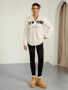 SHEIN Tall 2pcs Women Letter Print Zip-Up Fleece Sweatshirt And Pants Set,White And Black,Autumn Casual Lounge Outfits,Tall Version Slimmer Winter Clothes - White - View 3