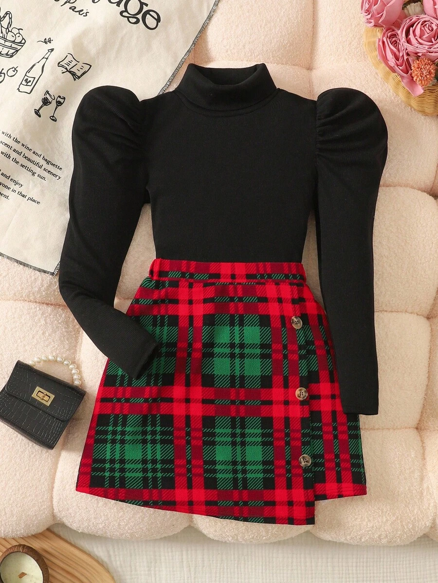 SHEIN Tween Girl Knit Solid Stand Collar Gigot Sleeve Top And Woven Plaid Skirt 2 Pieces Set - Black - View 1