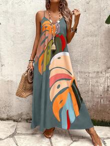 SHEIN LUNE 女式时尚彩色树叶印花吊带长裙女装 - 灰色 - 查看 4