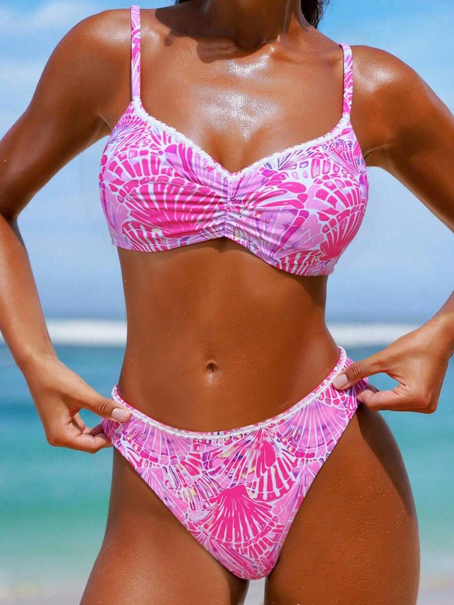 Swim Vcay Printed Patterned Pink Bikini Set For Summer Beach Vacation - Multicolor - View 1