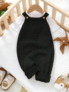 SHEIN Unisex Baby Casual Minimalist Light Green Knitted Jumpsuit With Suspenders Baby Boy Overall Set Black Baby Clothes Black And White Outfit Baby Tuxedo Onepiece Newborn Black Outfit Fall Winter - Black - View 4