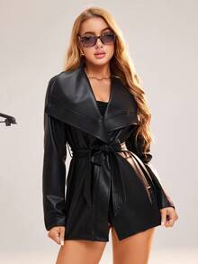 SHEIN Unity 女式 PU 皮革翻领斜口袋风衣 - 黑色 - 查看 1