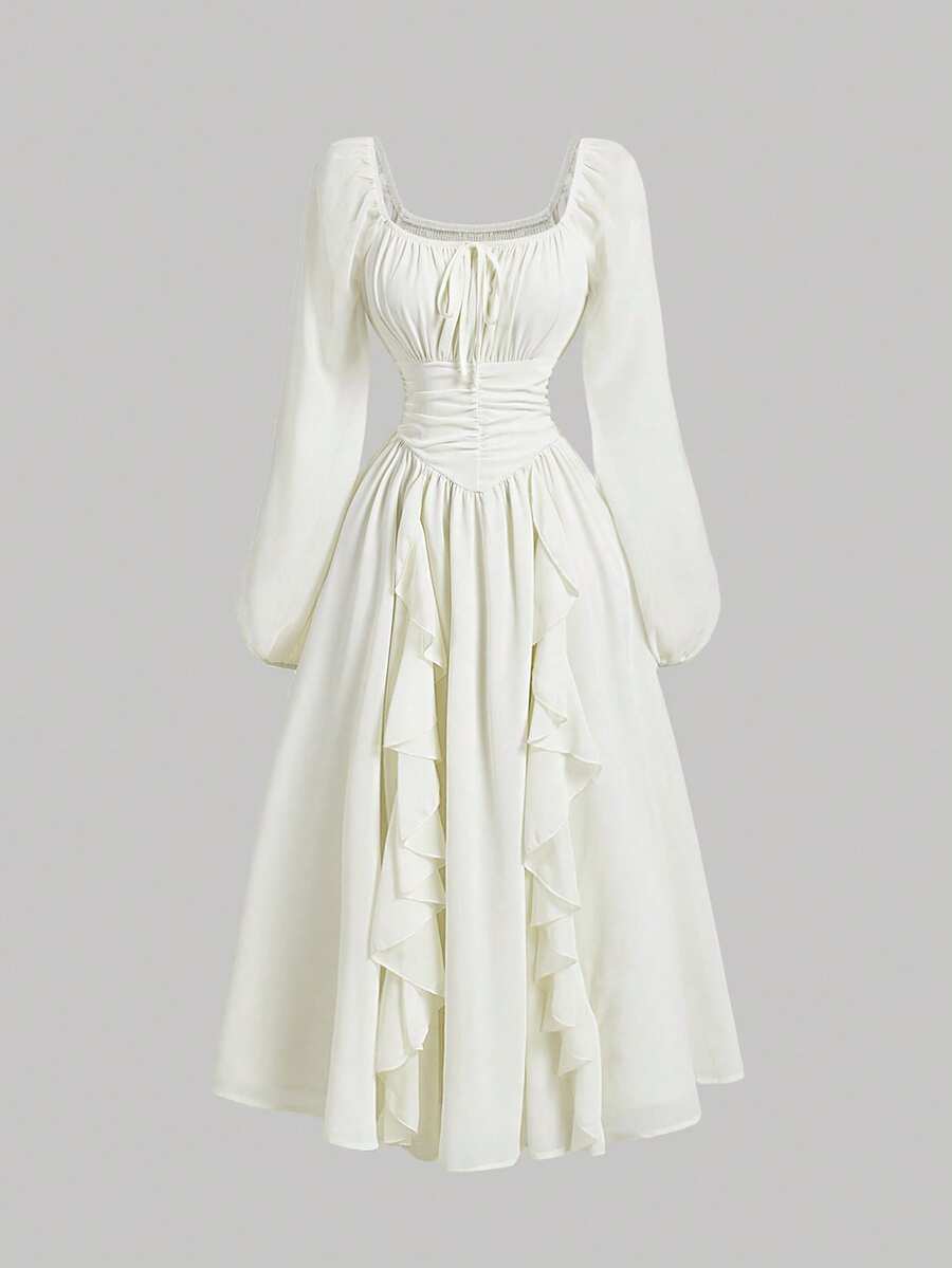 SHEIN MOD 杏色荷叶边灯笼袖连衣裙，秋季婚礼宾客礼服，文艺复兴风格连衣裙，返校节礼服