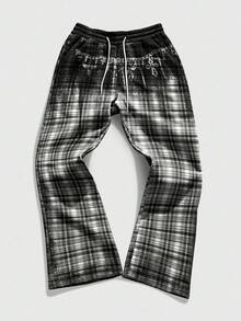 ROMWE MEN Grunge Punk Celana Jogging Kasual Pria Model Lebar dengan Tali Serut dan Motif Kotak-kotak serta Kantong - MultiWarna - View 1