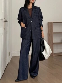 DAZY 女式翻领宽松西装外套和直筒牛仔裤休闲套装 - 深色水洗藍 - 查看 6