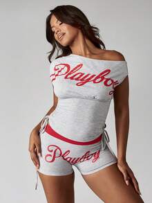 Missguided x Playboy Julshorts med hög midja och logotyptryck och dragsko - Ljusgrå - Visa 1