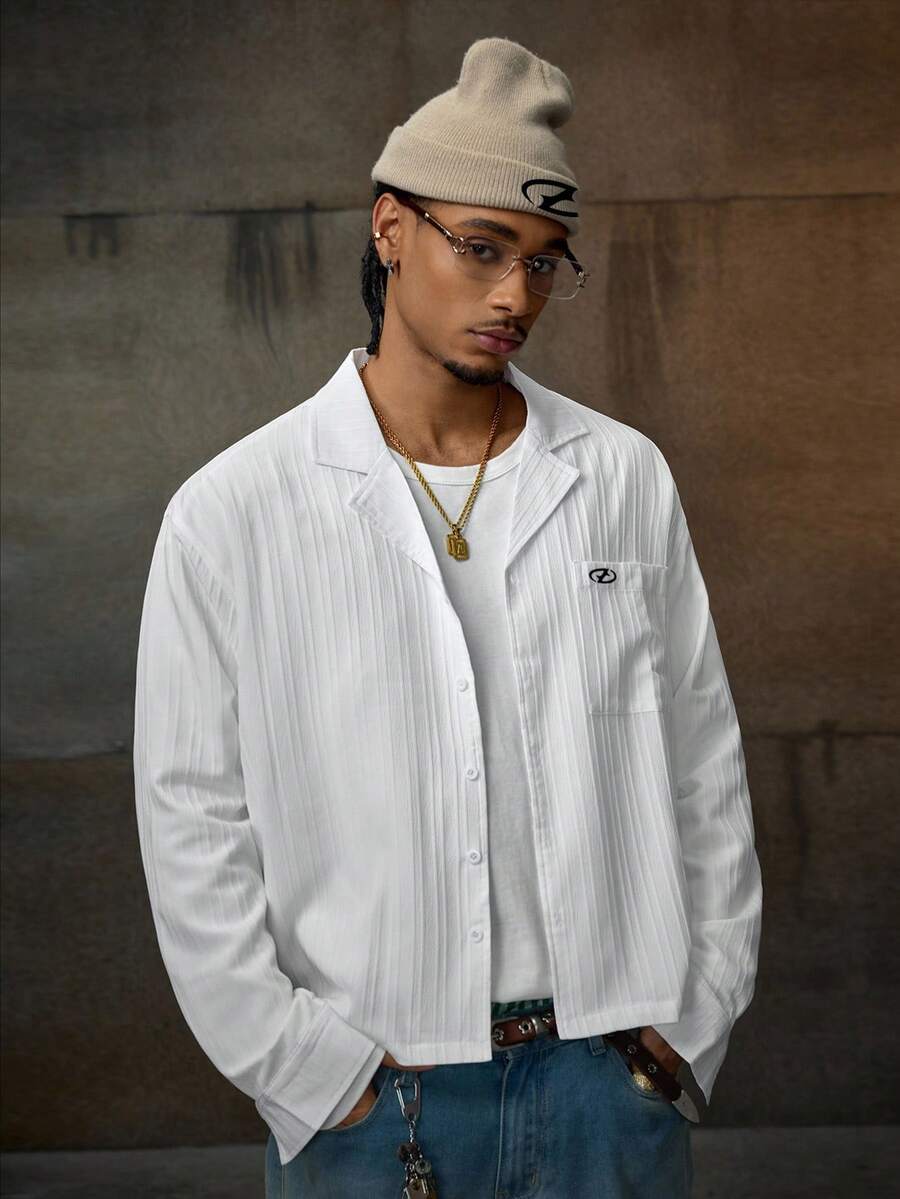 AXEPEAK 男士口袋设计波浪条纹长袖休闲衬衫，秋季款 - 米色 - 查看 1