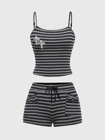 Goth 2pcs Women's All-Match Versatile Knit Elastic Cross Studded Striped Camisole & Shorts Set