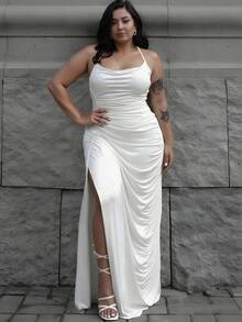 INAWLY Plus Size Sexy Plunging Neckline High Slit Backless Halter Maxi Dress - White - View 3