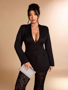 Cravure Traje de pantalones con abertura y vuelo de malla con flocado para mujer talla grande, uso de oficina con escote en V