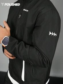 Manfinity Sport Polished Men's Casual Sports Stand Collar Zip-Up Front Print Design Versatile Sports Stylish Jacket, Autumn/Winter - Black - View 7