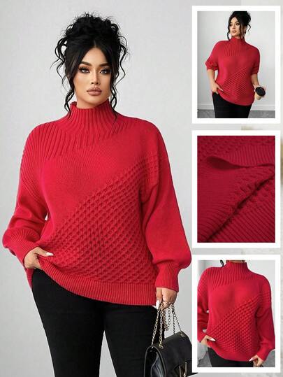 Elenzga Suéter de cuello alto de punto de unicolor para mujer de talla grande, versátil para uso diario en invierno