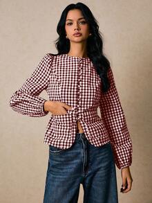 Poéselle Women's Plaid Single-Breasted Lantern Sleeve Casual Shirt - Burgundy - View 7