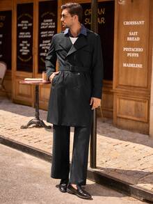 HIMLAND Abrigo casual de trench de doble botonadura y longitud media de unicolor para hombre, otoño - Negro - Ver 7