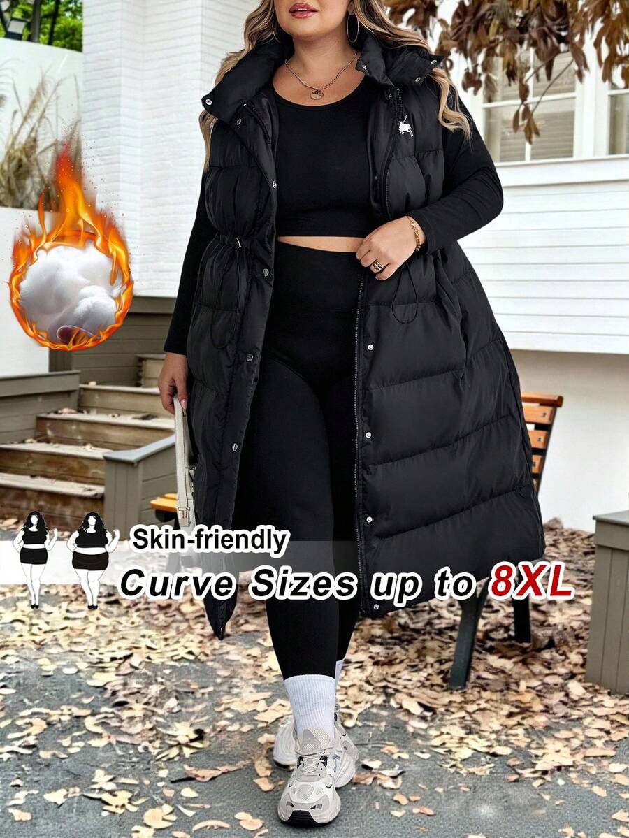 SHEIN CURVE+ Plus Size Women Black Hooded Bunny Ear Padded Vest Coat,Autumn Casual Hiking Puffer Vest,Curve Winter Clothes 8xl,6xl Fall Back To School Outfits - Black - View 1