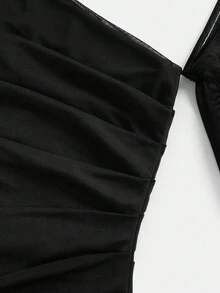 SHEIN Girlism Teen Girl Partywear Autumn Black Mesh Slim Long-Sleeved Waist Pleated Slim Holiday Dress Midi Dress Mesh Sleeve Dress Black Dress Cocktail Dress One Shoulder Dress - Black - View 6