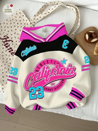 女童休闲复古字母数字徽章图案宽松圆领舒适针织长袖卫衣，适合秋冬季儿童、女婴、婴儿和女童穿着。