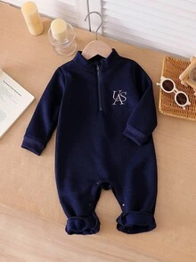 SHEIN 女婴休闲简约字母刺绣长袖连体衣 - 寶藍色 - 查看 1
