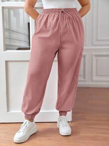 SHEIN PETITE CURVE Plus Size Drawstring Waist Pants, Jogger Pants, Loose Fit - Dusty Pink - View 4