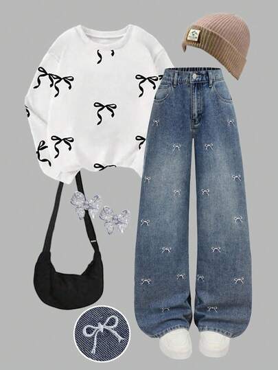 SHEIN Girlism Teen Girls High Waist Bowknot Heart Embroidery Pocketed Cute Straight Leg Casual Baggy Jeans, Girls Fall Winter Back To School Homecoming Jeans,Girls Fall Winter Pants Streetwear Vintage Outfits,Comfortable And Versatile, For 13-16 Years Old Girls, Suitable For School, Home And Travel