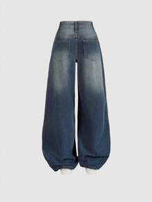 SHEIN ICON Women's Loose Fit Washed Blue Wide Leg Denim Pants