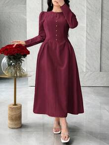 Feyla Elegant French Style Waist Cinching Pockets Minimalist Chic Slimming Dress - Burgundy - View 3