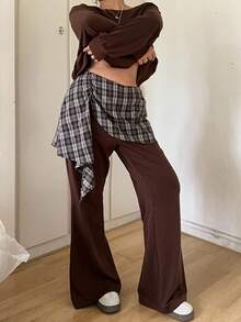 POPSWAY 大码女式运动套装，长袖圆领斜肩运动衫 + 喇叭运动裤，格子拼布休闲两件套 - 咖啡棕 - 查看 5