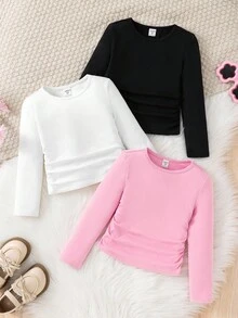 SHEIN 青春期少女休闲基础款纯色针织弹力长袖汗衫，多件套，适合秋冬季休闲日常穿着和日常上学，必备百搭，母女搭配，女孩心形衬衫。女孩长袖衬衫，圣诞节必备。 - 彩色 - 查看 3