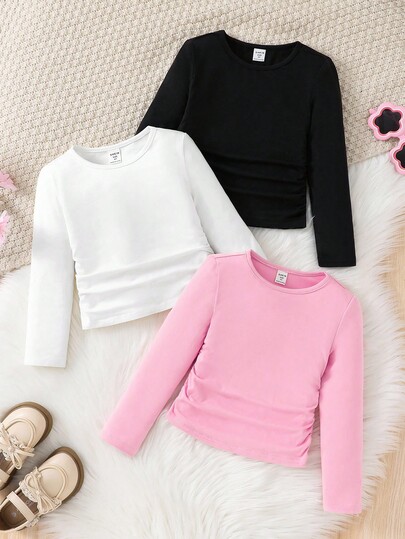 SHEIN Young Tween Girls' Casual Basics Solid Color Knitted Elastic Long Sleeve Undershirt Tops Multiple Pieces, Great For Casual & Daily Wear & School Daily In Autumn & Winter, Must-Have, Versatile,Mom And Daughter Matching, Girls Heart Shirts. Girls Long Sleeve Shirts,For Christmas. Fall