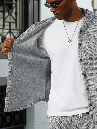 Manfinity Homme 1 Bộ Áo nỉ trùm đầu cài nút phía trước và Quần nỉ có túi, Bộ đồ len màu trơn 2 món giữ ấm Bộ đồ nỉ, Quần áo mùa thu