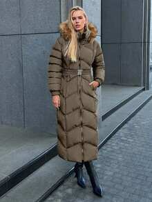 EURMUSE Gesteppter Kunstpelz Kapuzen Damen Daunenjacke, leuchtender Stoff, modisch und warm im Winter