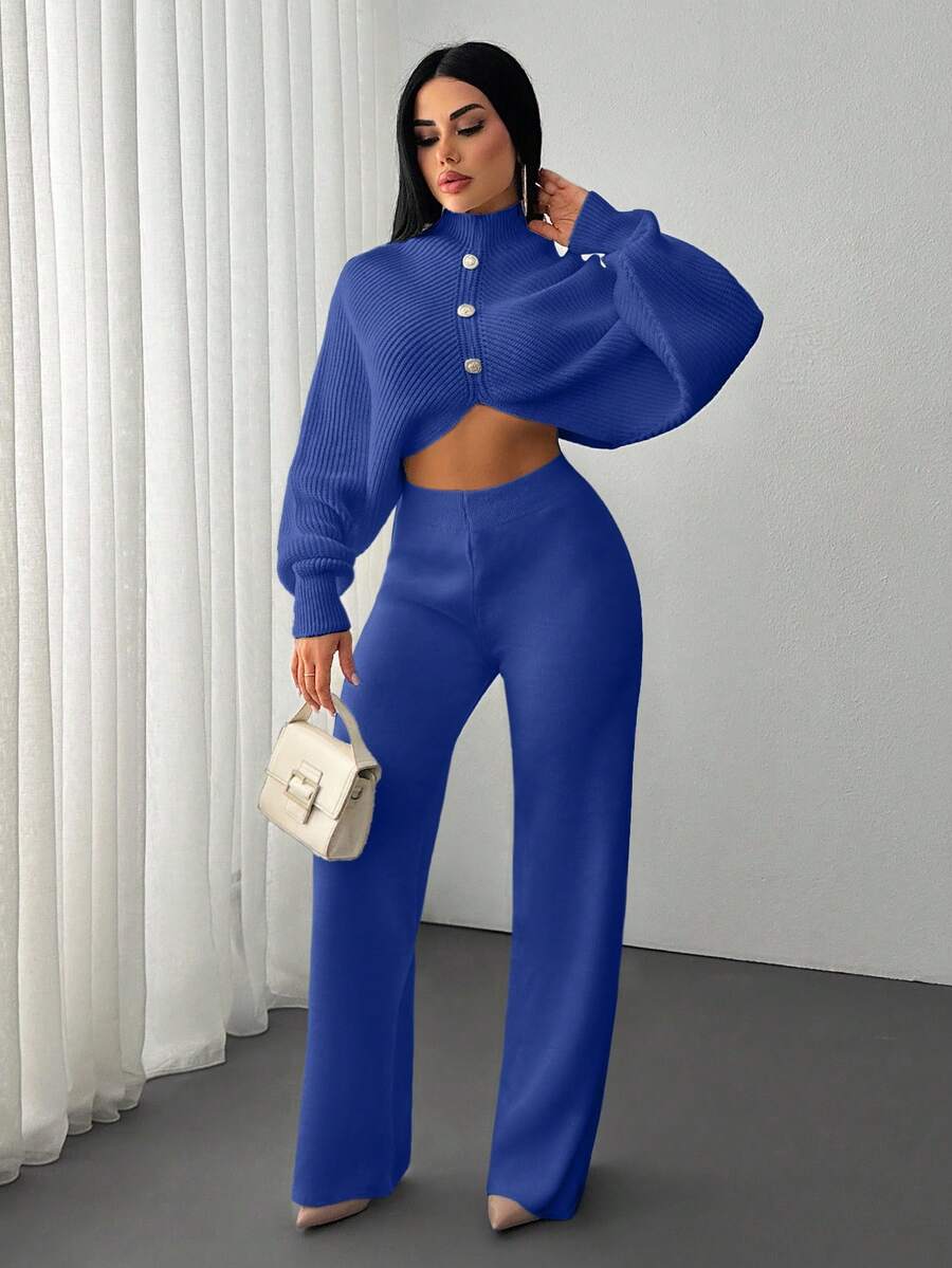 EURMUSE 2 Pieces Ribbed Knit Lounge Set Featuring Asymmetrical Sweater With Decorative Bow Accents And Matching High-Waisted Pants - Royal Blue - View 1