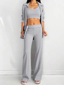 EURMUSE Solid Button Front Shirt & Wide Leg Trousers - Light Grey - View 3